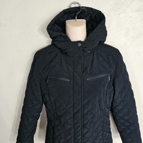 Calvin Klein Quilted Diamond Pattern Faux Fur Black Jacket Size Women's Small - Picture 4 of 14